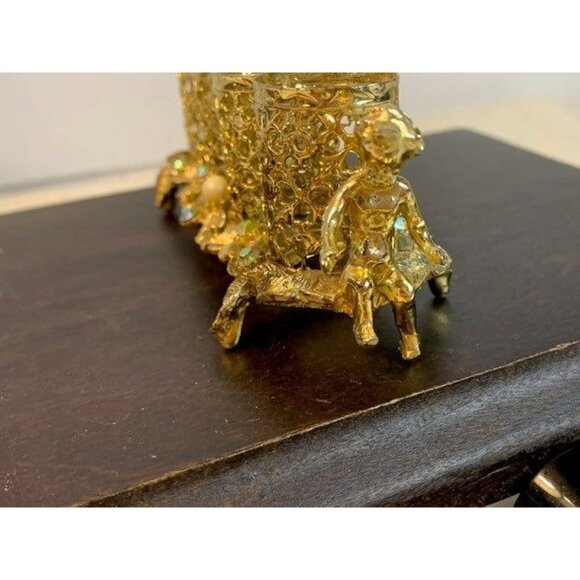 Hollywood Regency Gold Tone Filigree 4 Tube Lipstick Holder Cherub SF Sam Fink - Picture 3 of 9